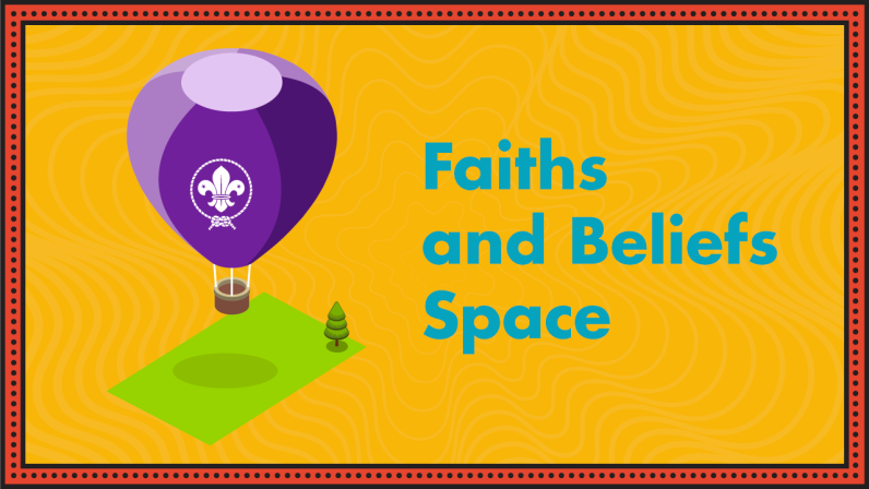 A purple hot air balloon represents the Faiths and Beliefs Space