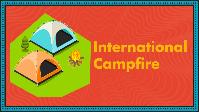 Two tents and a campfire represent the International Campfire