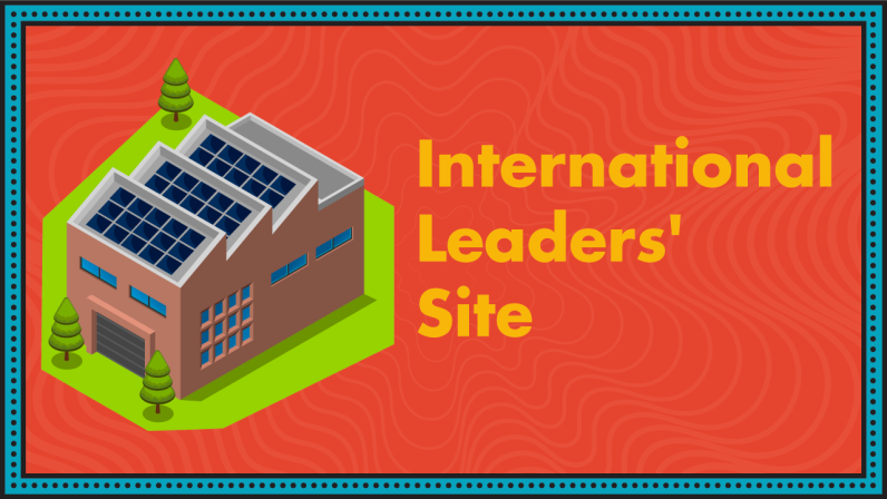 A brown building with solar panels on the roof represents the International Leaders' Site
