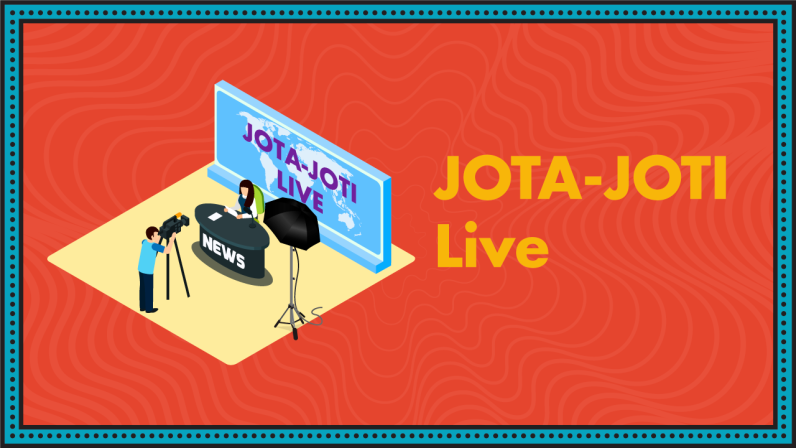 A studio with a cameraman and anchor woman represents JOTA-JOTI Live