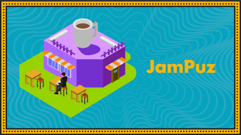 A purple building with a giant coffee mug on the roof represents the JamPuz Cafe