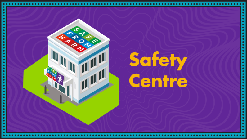A white office building with Safe from Harm branding on the roof and awning represents the Safety Centre