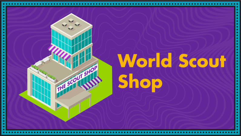 A glass building with purple and white awning represents the World Scout Shop