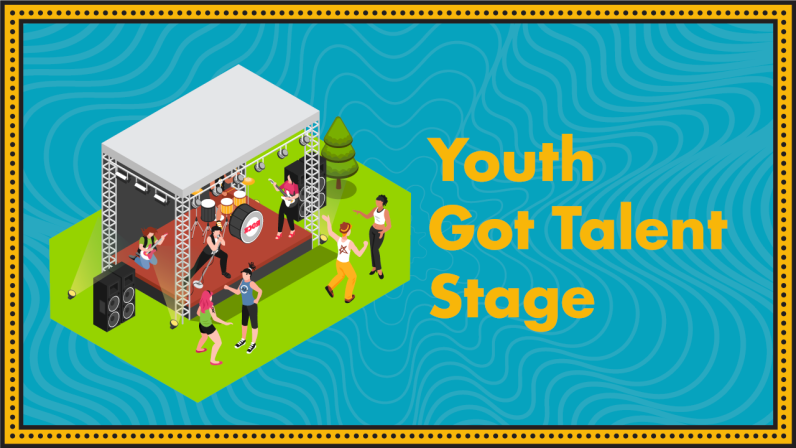A stage with a rockband playing and people dancing in front of it represents the Youth Got Talent Stage