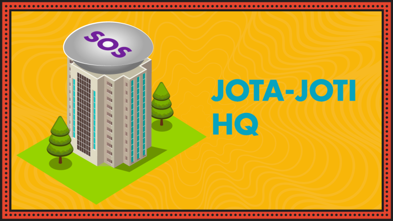 A tall office building with a helipad that says SOS on the roof represents the JOTA-JOTI HQ