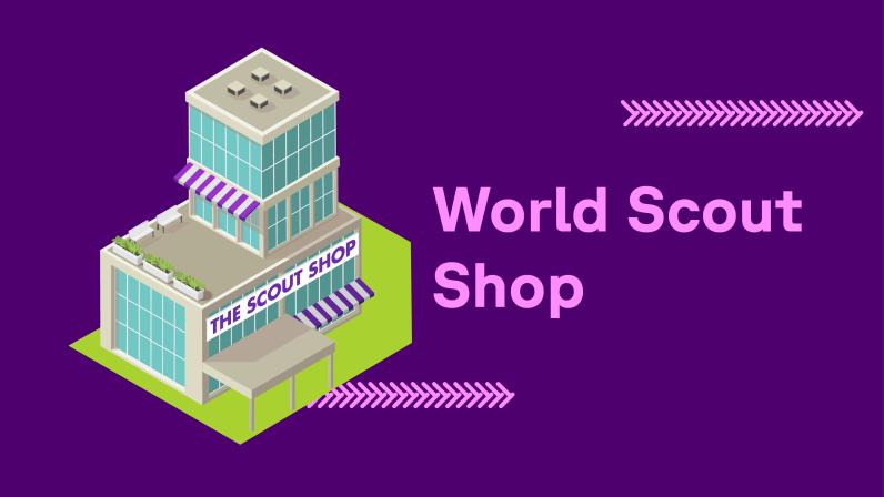 A glass building with purple and white awning represents the World Scout Shop