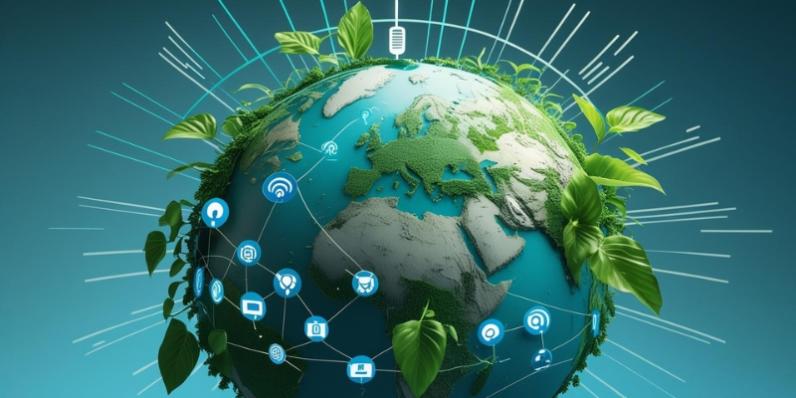 A globe surrounded by radio waves and internet icons, with green leaves – representing global connection and sustainability.